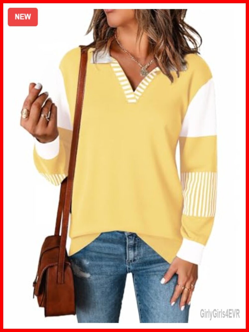V-Neck Long Sleeve Color Block Striped Knitted Pullover Sweater